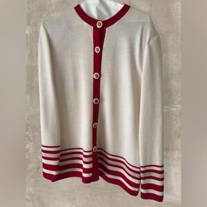 St. John Collection Red Cream Knit Cardigan Jacket Gold Buttons Size 8